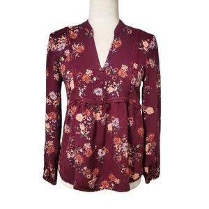Love Fire Womens Burgundy Floral Print Long Sleeve Boho Top Size Small